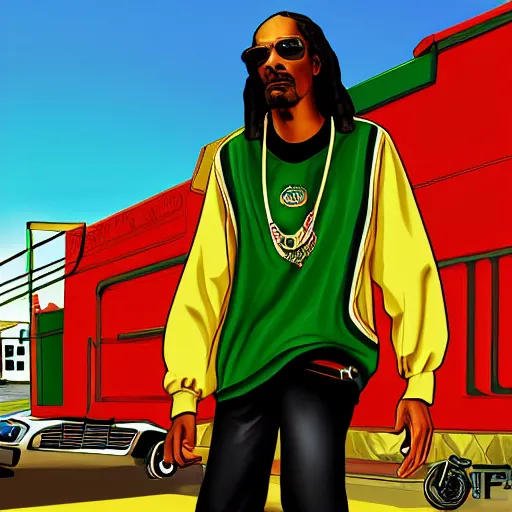 Prompt: Snoop dogg as a character in grand theft auto San andreas, old game, digital art, 8k