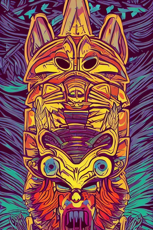 Image similar to totem animal mask tribal feather gemstone plant wood rock shaman vodoo video game vector cutout illustration vivid color borderlands comics by josan gonzales and dan mumford radiating a glowing aura