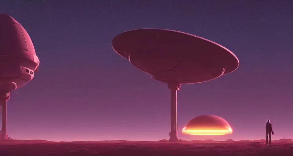 Prompt: A very beautiful serene Martian landscape scene with a GIANT MECHA UFO flying saucer looming in the distance, Translucent rendered by simon stålenhag, rendered by Beeple, Makoto Shinkai, syd meade, environment concept, digital art, starwars, unreal engine, 3 point perspective, WLOP, trending on artstation, low level, 4K UHD image, octane render,