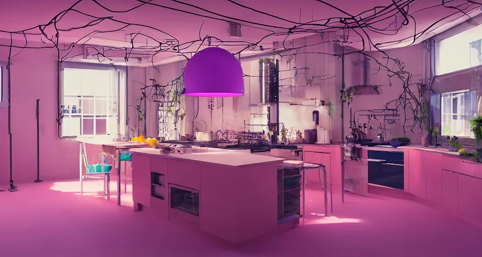 Image similar to IKEA catalogue photo, high end farm house style kitchen, cyberpunk with neon lighting, purple, cyan, orange, organic, vines by Beksiński