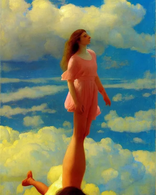 Image similar to a beautiful girl floating in colourful clouds, painted by edgar maxence, edward hopper, wayne barlowe, painted by james gilleard and james jean. 8 k realistic, hyperdetailed, beautiful lighting, detailed background, depth of field,