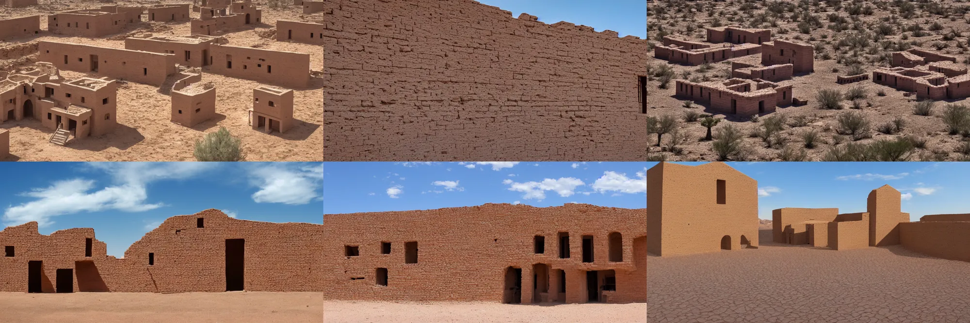 Prompt: an house of bricks in a middle of the desert, sky is blue with few clouds