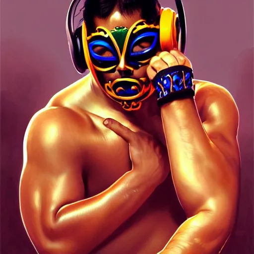 Image similar to portrait of lucha libre dj, muscular, headphones, thick golden ring around the neck, fantasy, intricate, elegant, highly detailed, digital painting, artstation, concept art, smooth, sharp focus, illustration, art by artgerm and greg rutkowski and alphonse mucha