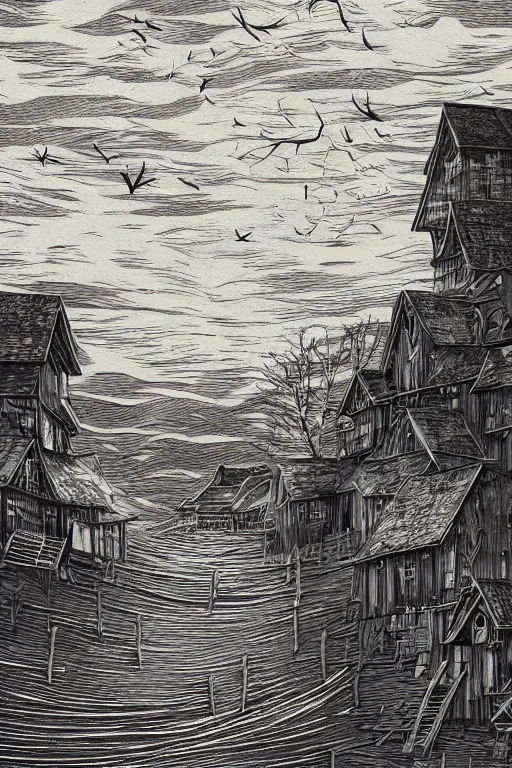 Prompt: a beautiful wood engraving on paper, art by david witbeck, of a fishing village, 8 k, frostbite 3 engine, cryengine, dof, trending on artstation, digital art, crepuscular ray