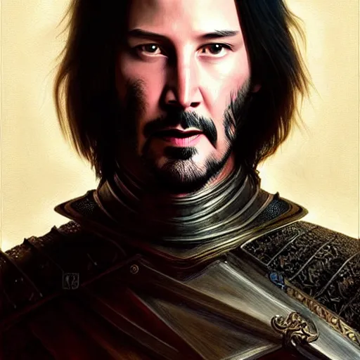 Prompt: Keanu Reeves dressed as a knight, D&D, fantasy, intricate, elegant, highly detailed, digital painting, artstation, concept art, matte, sharp focus, illustration, art by Artgerm and Greg Rutkowski and Alphonse Mucha