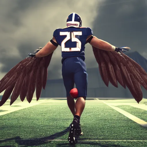 Prompt: american football player with wings, photorealistic, cinematic still, 8 k, ultra detailed, 3 d render, unreal engine