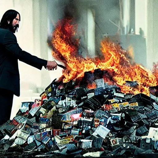 Image similar to cinematic still of John Wick burning a pile of CDs in John Wick (2009). shallow depth of field, cinematic