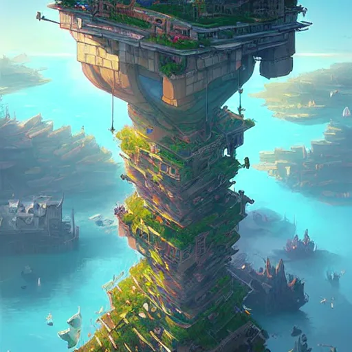 Image similar to cities on floating islands in the sky, islands connected by chains, breathtaking concept art, digital art, detailed, by andreas rocha