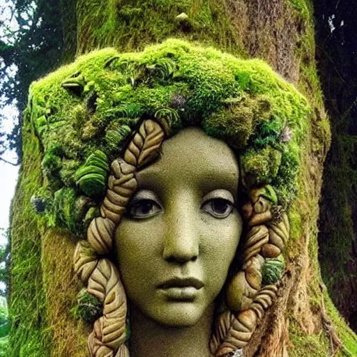 Prompt: mother nature made from a tree, emerging goddess, highly detailed, mossy, flower hair