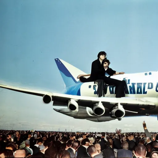 Prompt: the beatles playing live on top of a boeing 747