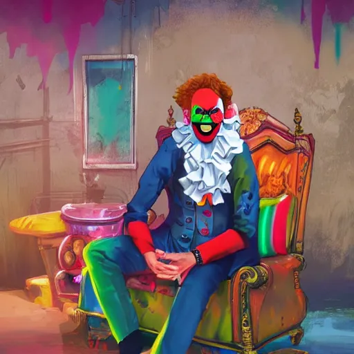 Image similar to hunter biden wearing bizarre clown makeup, and intricate clown costume, sitting on a throne in a abandoned drug den, by rossdraws, vivid colors, studio lighting, digital artwork, uhd, best of artstation