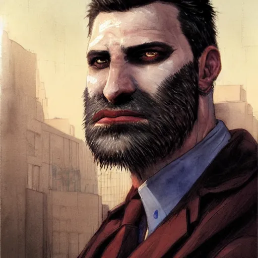 Image similar to portrait of a greying pale vampire police officer with short hair and a patchy beard, close up, grimy streets backdrop, highly detailed, sharp focus, perfect eyes, art by esad ribic