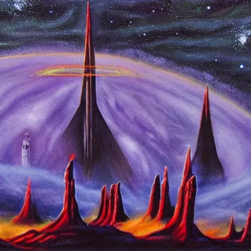 Prompt: Painting in the style of The Lord of the Rings, Two Towers resembling the World Trade Center Twin Towers, Golden Gate Bridge in the distant background between the towers, a glowing black hole in the night sky in front of the Milky Way, red-hooded magicians casting purple colored spells towards the towers, white glowing souls flying out of the towers to the black hole