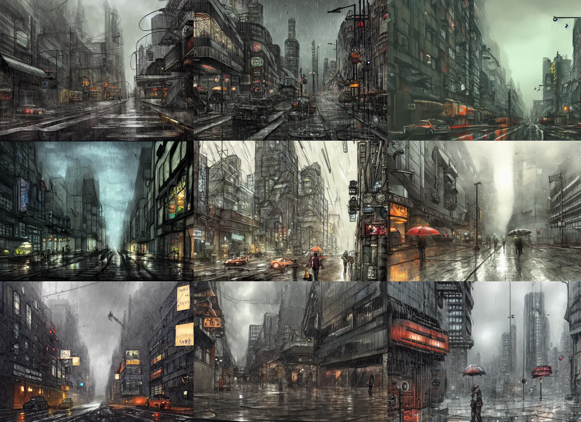 Prompt: concept art, poor urban dieselpunk rainy city, morning, detailed, smooth lighting, junji ito style, illustration