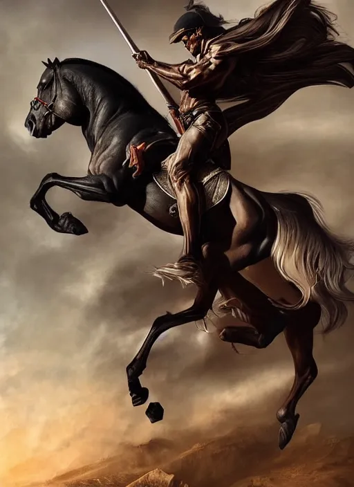 Prompt: the singular horseman of the apocalypse is riding a strong big black stallion, horse is up on its hind legs, the strong male rider is carrying the scales of justice, beautiful artwork by artgerm and rutkowski, breathtaking, beautifully lit, dramatic, full view