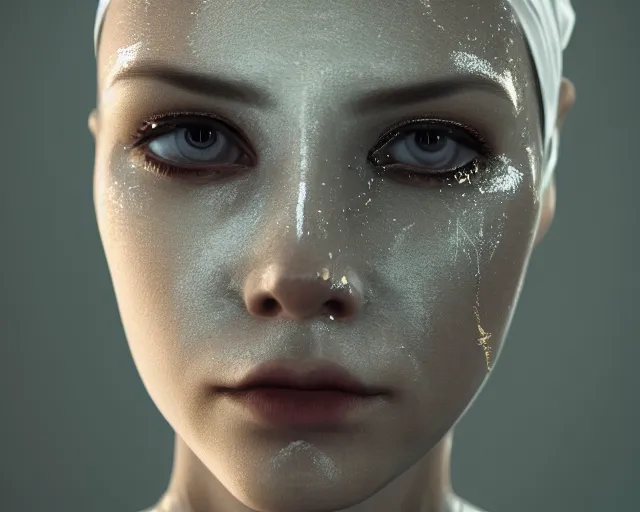 Image similar to a film still of a synthetic female human oracle wrapped in white cloth, beautiful, tribal facepaint, neotokyo, cinematic lighting, high resolution, 4 k