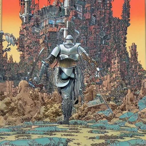 Prompt: hyperdetailed manga cover of a futuristic knight approaching a sci-fi castle by geof darrow and moebius