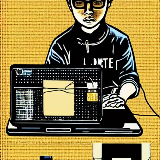 Prompt: illustration of a boy connected to his laptop with wires, highly detailed, by butcher billy