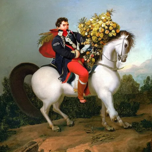 Prompt: a giant squirrel carrying napoleon bonaparte on its back, beach scene with flowers and foliage, detailed oil painting