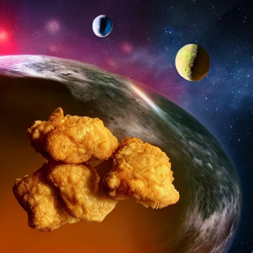 Prompt: Asteroids in space made of chicken nuggets. Space. Nebula. planets. starfield. photorealistic, 8k, cinematic, lens flare