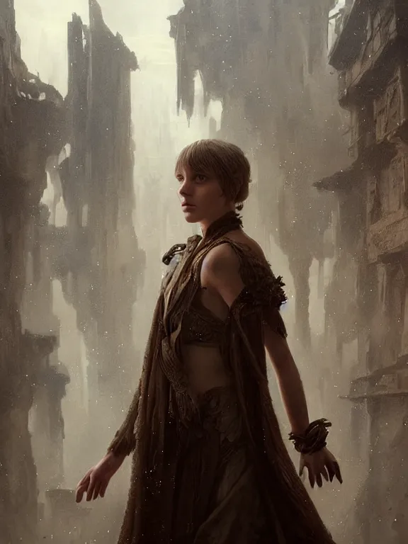 Image similar to A fancy portrait of a young Supreme witch in crowes wastland ruins,by Albert Lynch,Cynthia Sheppard,Mead Schaeffer,James Paick,Greg Rutkowski,Stephan Martiniere,trending on pinterest,Blade Runner 2049,luxury,mythological,ultra realistic,high detail,golden ratio,cinematic lighting,maximalist