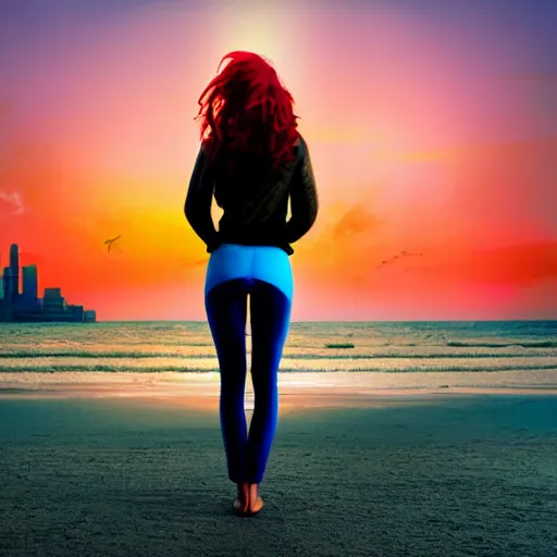 Image similar to lonely young woman with red hair magenta coat and light blue pants wandering a beach at sunset, stylized oil painting, warm lighting, city skyline in background, swimming pool in foreground