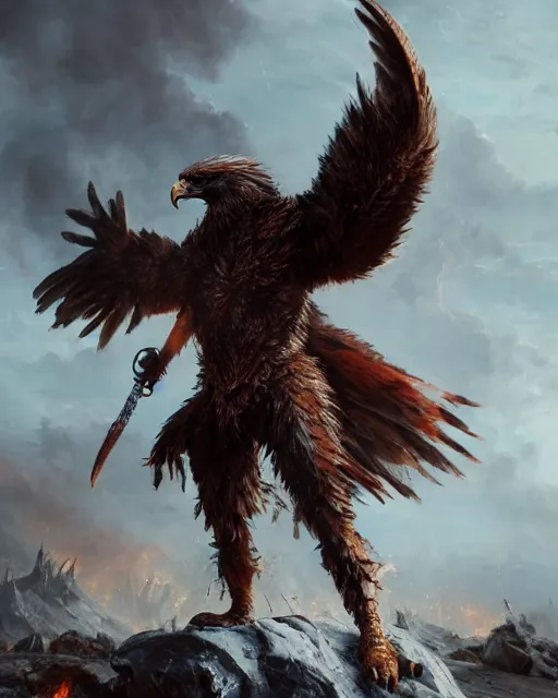 Image similar to oil painting of Angry Anthropomorphized Eagle Berserker, wearing fur armor, claws, sharp focus, attack pose, fantasy style, octane render, volumetric lighting, 8k high definition, by greg rutkowski, highly detailed, trending on art Station, magic the gathering artwork, burning Battlefield background, centered