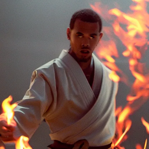 Image similar to cinematic film still of Chris Brown starring as a Japanese Sensei with fire, Japanese CGI, VFX, 2003, 40mm lens, shallow depth of field, film photography