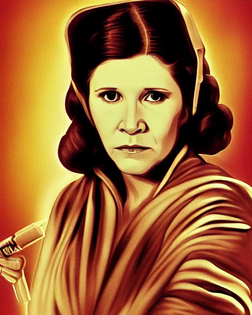 Prompt: carrie fisher in star wars, 1977, digital art, cdx