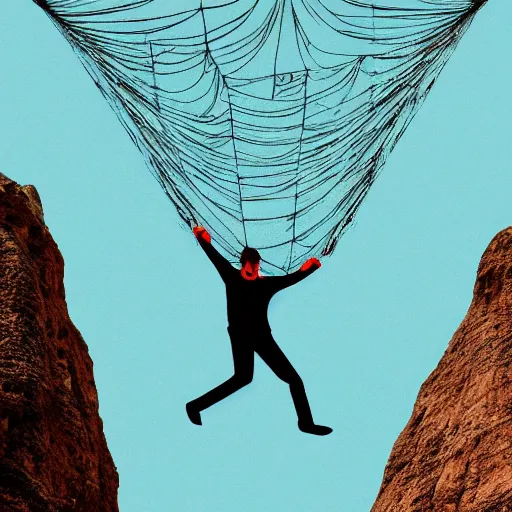 Prompt: man trapped in a giant web suspended over a bottomless chasm