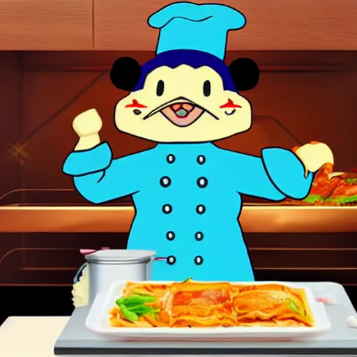 Image similar to anime style cute platypus on a kitchen wearing a chef hat and holding a lasagna into an oven, anime style, 3 d, chibi style, kawaii