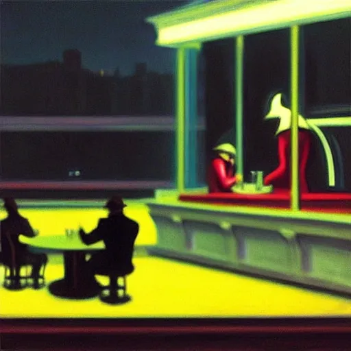 Image similar to “ nighthawks by edward hopper, except it ’ s set in a cyberpunk hong kong of the far future. ”