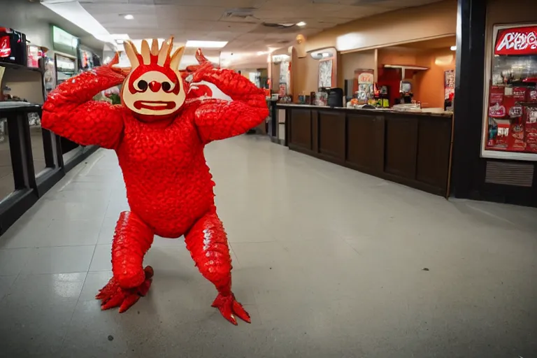 Prompt: cosplayer dressed like a cute crab, in 2 0 1 8, at an arbys, crabcore, royalcore, low - light photograph, photography by tyler mitchell