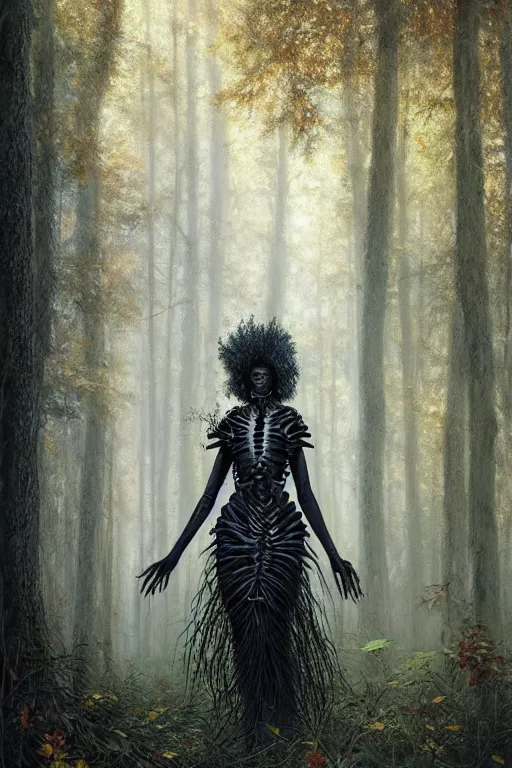 Prompt: hyperrealistic concept art very beautiful! black woman with detailed exoskeleton armor, touching tree in a forest, brad kunkle elson peter, dramatic blue light low angle hd 8k sharp focus