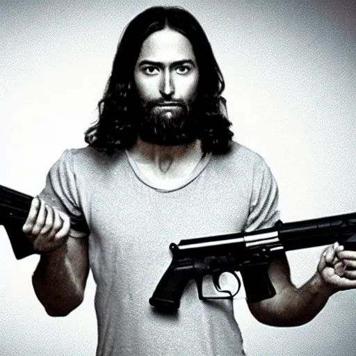 Prompt: jesus christ holding 2 guns