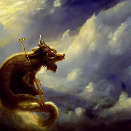 Prompt: Luck dragon playing a harp, sitting on the cumulous clouds, never ending story, hyper realistic fur, illustration, concept art, artstation, cool colors, yellow lighting from right, heartwarming, peaceful, pastel colors, 4k, art of ILM, style of trending artstation, by Eugène Delacroix, John Constable, J M W Turner, Romanticism