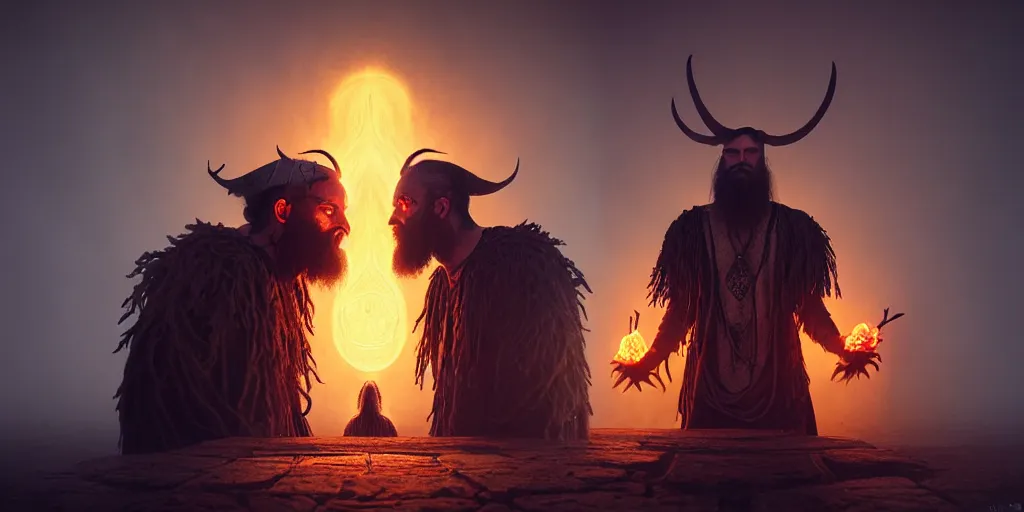 Prompt: beard shaman facing the inner demon, symmetrical forms, golden ratio, digital art, fantasy art, octane render, unreal engine, high detail, very realistic, by greg rutkowski. by james gurney