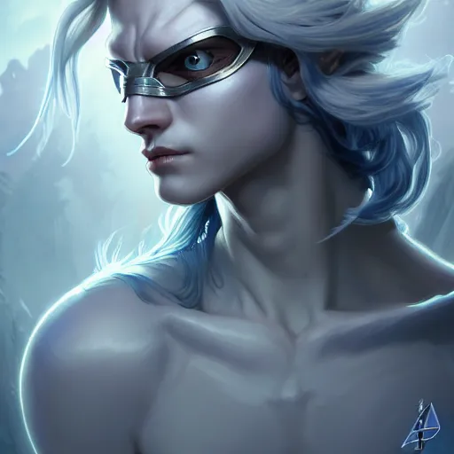 Image similar to cyclops fighter, white grey blue color palette, male, d & d, fantasy, intricate, elegant, highly detailed, long silver hair, digital painting, artstation, octane render, concept art, matte, sharp focus, illustration, hearthstone, art by artgerm, alphonse mucha johannes voss