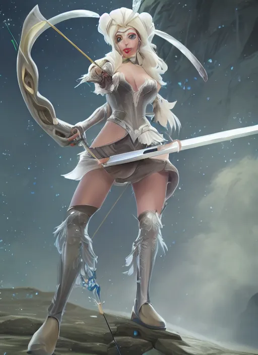 Image similar to ashe, from league of legends, shooting arrows with a silver bow, wearing fluffy skin, long skirt, hyper detailed, digital art, trending in artstation, cinematic lighting, studio quality, zoom in, smooth render, unreal engine 5 rendered, octane rendered, art style by klimt and nixeu and ian sprigger and wlop and krenz cushart