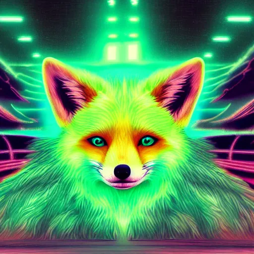 Prompt: digital light green fox, retrowave palette, digital world, highly detailed, electric breeze, anatomically correct vulpine, synth feel, fluffy face, ear floof, flowing fur, super realism, accurate animal imagery, 4 k digital art