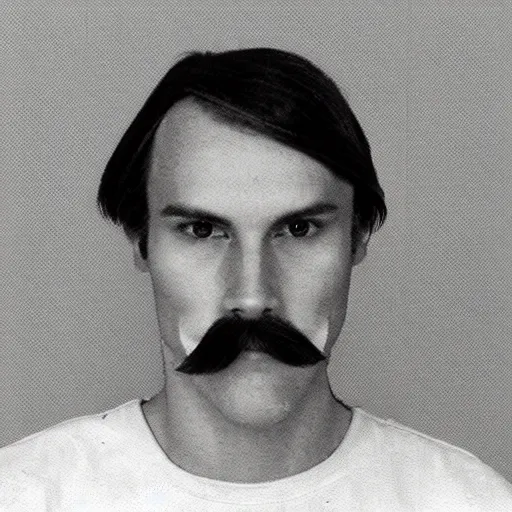 Prompt: A mugshot portrait of a man who looks like Jerma985 with short length wavy hair and a slightly receded hairline and bangs, has a mustache and wearing mid 1980s menswear in the late 1980s, taken in the late 1980s, grainy, realistic, hyperrealistic, very realistic, highly detailed, very detailed, extremely detailed, detailed, trending on artstation, front facing, front view, headshot and bodyshot, detailed face, very detailed face