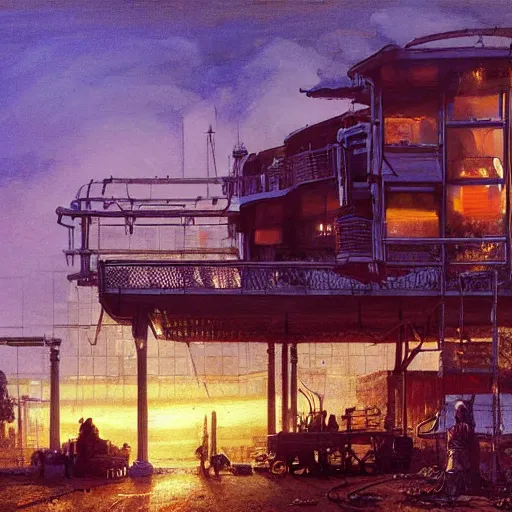 Prompt: painting of syd mead artlilery scifi motel with ornate metal work lands on a farm, fossil ornaments, volumetric lights, purple sun, andreas achenbach