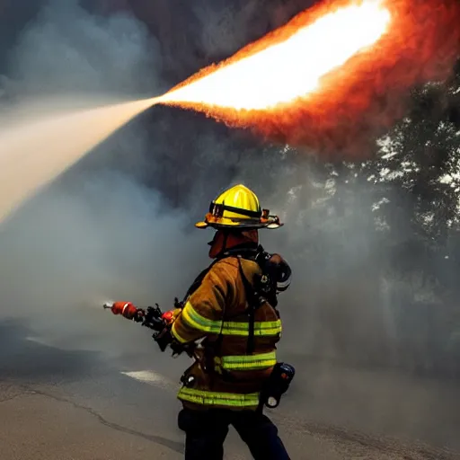 Image similar to photo of a firefighter using a flamethrower projecting a long flame. award-winning, highly-detailed