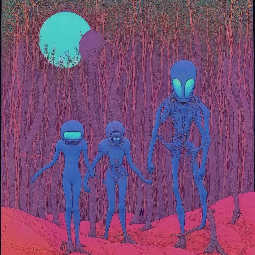 Image similar to ( ( ( strange forest on an unknown planet ) ) ) by mœbius!!!!!!!!!!!!!!!!!!!!!!!!!!!, overdetailed art, colorful, record jacket, warm tones, bioluminescent