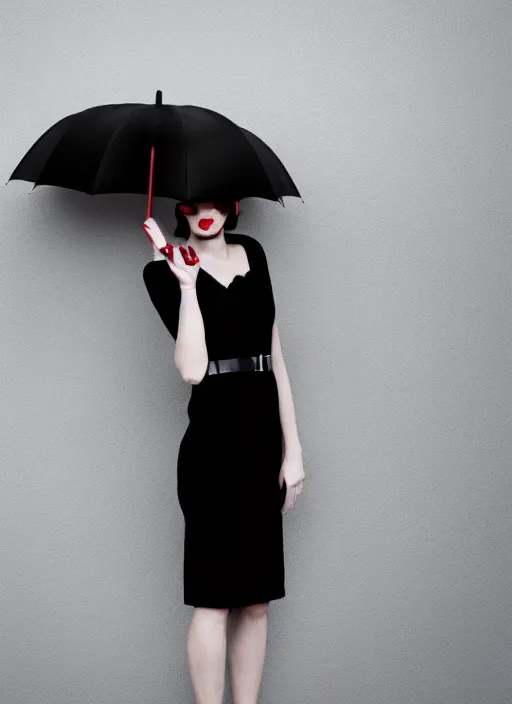 Prompt: a beautiful white pale skin girl, grey background, black dress, vibrent red lipstick, a black hat, black umbrella