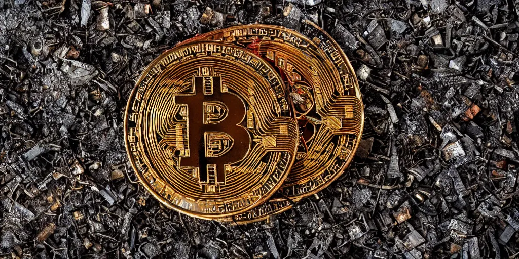 Prompt: giant rusted bitcoin being held by hundreds of the wretched of the earth, decadence decay and despair, dystopian art