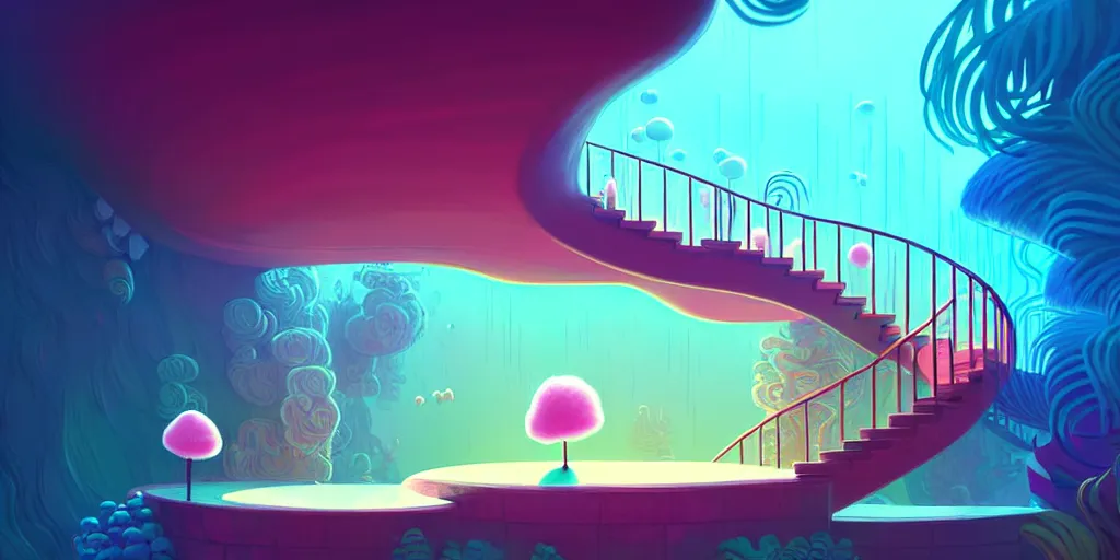 Prompt: minimalistic extreme wide angle curved perspective digital art of sss chubby cotton candy indoor casino, one staircase, with curly plants by anton fadeev, lorax movie, underwater smoke