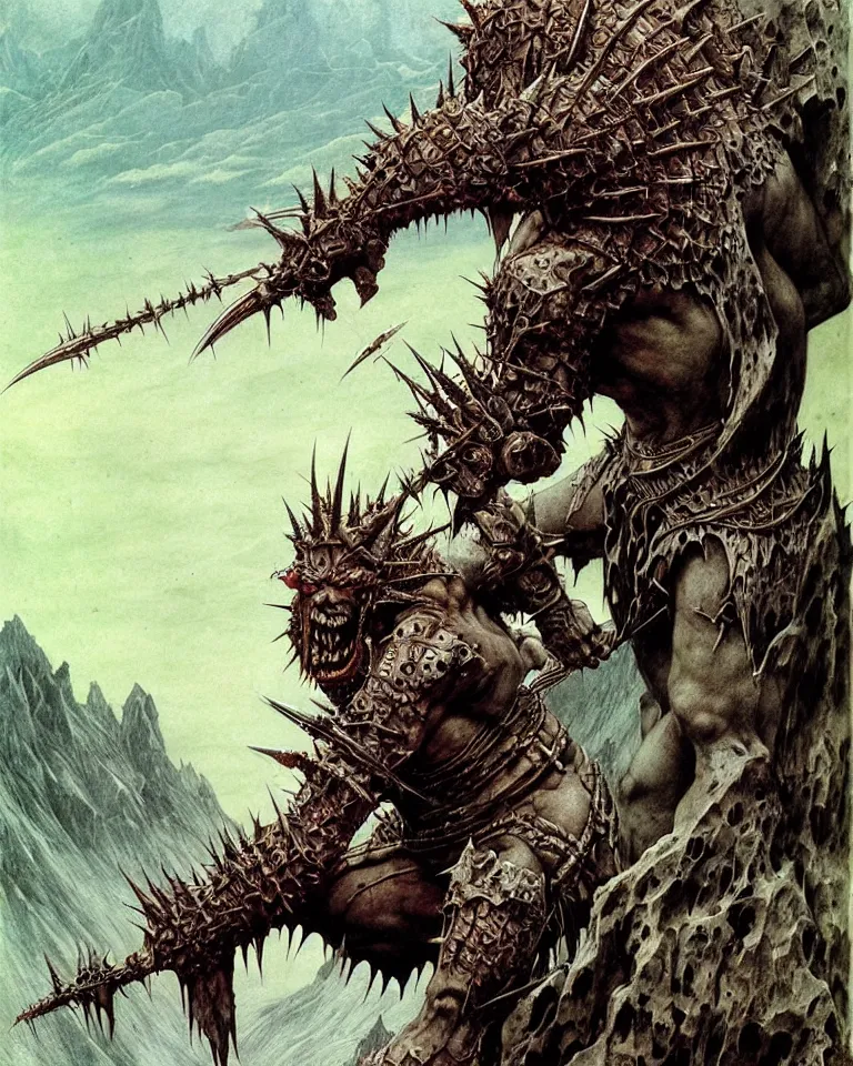 Prompt: A powerful, large fanged orc with pale skin covered in scars stands near the mountains, wearing spiky, complex, detailed armor without a helmet. Extremely high detail, realistic, fantasy art, scars, solo, masterpiece, saturated colors, art by Zdzisław Beksiński, Arthur Rackham