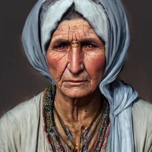 Image similar to hyperrealistic mixed media high resolution image of a beautiful Kurdish grandmother, stunning 3d render inspired art by István Sándorfi and Greg Rutkowski and Unreal Engine, perfect symmetry, dim volumetric lighting, 8k octane beautifully detailed render, post-processing, extremely hyper-detailed, intricate, epic composition, highly detailed attributes, highly detailed atmosphere, full body shot, cinematic lighting, masterpiece, trending on artstation, very very detailed, masterpiece, stunning, flawless structure, lifelike texture, perfection,