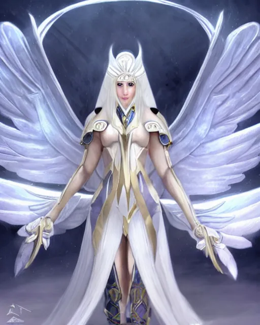 Image similar to perfect white haired egyptian goddess wearing white dove wings, warframe armor, regal, attractive, ornate, sultry, beautiful, dreamy, half asian, pretty face, blue eyes, detailed, scifi platform, 4 k, ultra realistic, epic lighting, android body, illuminated, cinematic, masterpiece, art by akihito tsukushi, voidstar, artgerm